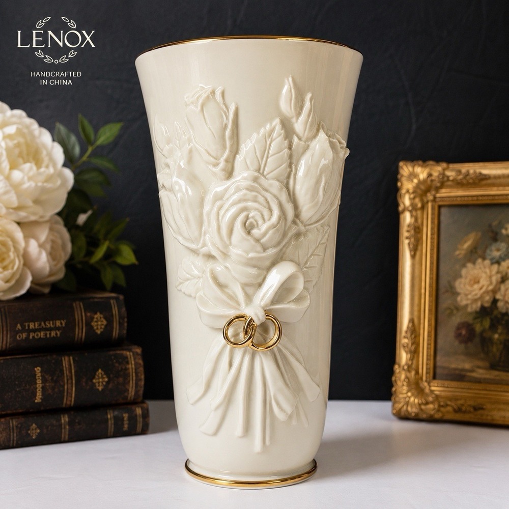 Lenox Wedding Vase Ivory Gold Rings Rose Relief Porcelain 10" Anniversary Vase